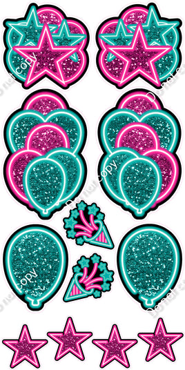 12 pc Hot Pink & Teal NEON Flair Set - Sparkle
