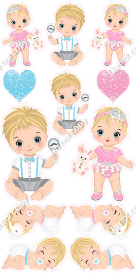 12 pc Light Skin Tone - Blonde Hair Baby Blue & Baby Pink Baby Theme