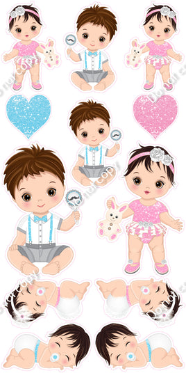 12 pc Light Skin Tone - Brown Hair Baby Blue & Baby Pink Baby Theme