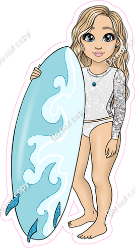 Light Skin Tone - Blonde Hair Girl with Surfboard - White Clothes w/ Variants
