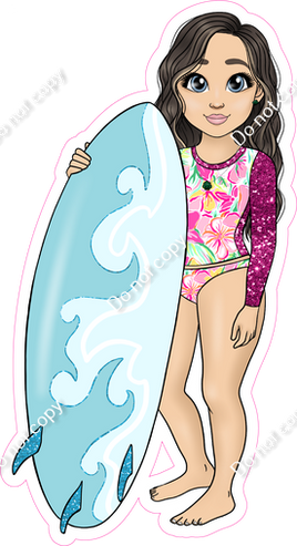 Light Skin Tone - Brown Hair Girl with Surfboard - Pink Clothes w/ Variants