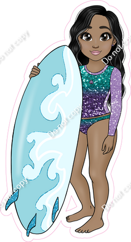 Dark Skin Tone - Girl with Surfboard - Purple Teal Ombre Clothes w/ Variants