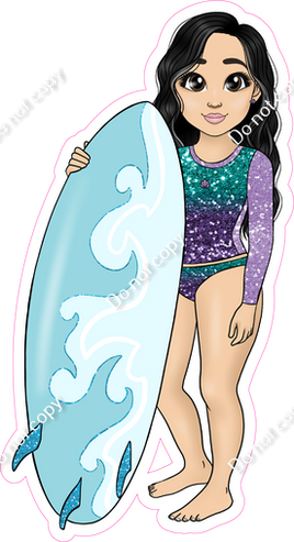Light Skin Tone - Black Hair Girl with Surfboard - Purple Teal Ombre Clothes w/ Variants