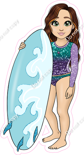 Light Skin Tone - Red Hair Girl with Surfboard - Purple Teal Ombre Clothes w/ Variants