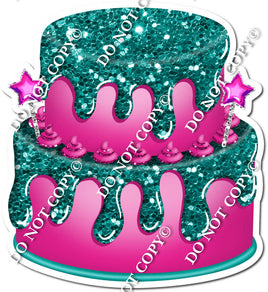 2 Tier Hot Pink Cake & Dollops, Teal Drip