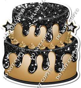 2 Tier Gold Cake & Dollops, Black Drip