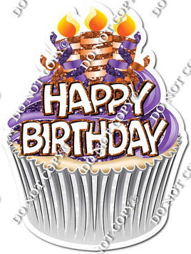 Purple & Orange Cupcake with Candles & Happy Birthday