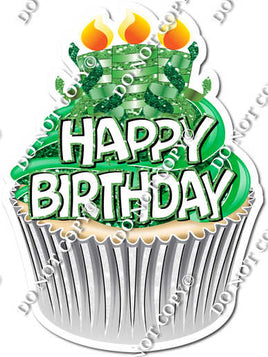 Green & Lime Green Cupcake with Candles & Happy Birthday