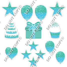 14 pc - Flair Set - Mint & Baby Blue Ombre Sparkle