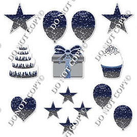 14 pc - Flair Set - Navy Blue & Silver Ombre Sparkle