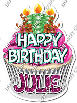 Julie - Hot Pink Cupcake, Lime Candles, Orange Streamers & Happy Birthday
