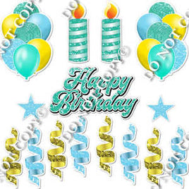 15 pc Sparkle Turquoise, Yellow & Baby Blue HBD Flair Package
