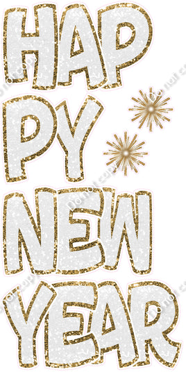 6 pc White & Gold BB Outlined Happy New Year EZ Set Flair-hbd0887