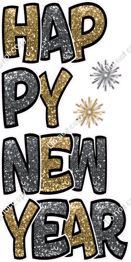 6 pc Gold & Silver BB Outlined Happy New Year EZ Set Flair-hbd0888