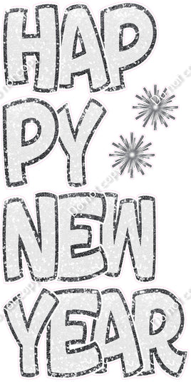 6 pc White & Silver BB Outlined Happy New Year EZ Set Flair-hbd0892