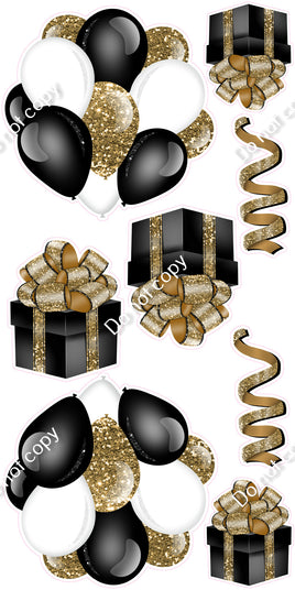 8 pc Sparkle - Gold, Black, White Cluster, Present & Streamer Set