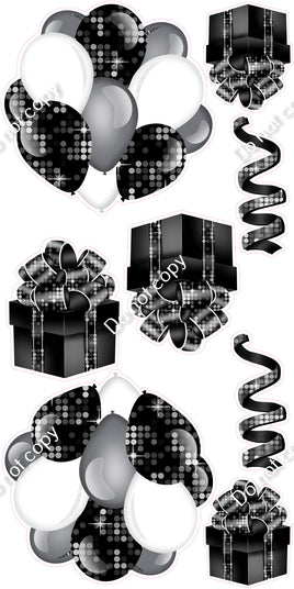 8 pc Disco - Black, Silver, White Cluster, Present & Streamer Set