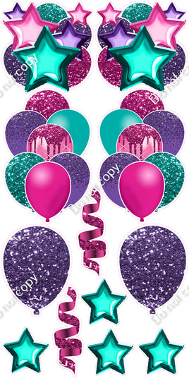 12 pc - Hot Pink, Teal, Purple - Balloon Flair Set