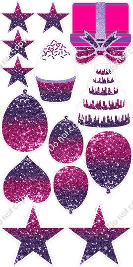 14 pc - Flair Set - Hot Pink & Purple Ombre Sparkle