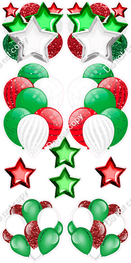 10 pc - Green & Red, & White Sparkle with Accents Balloon Set