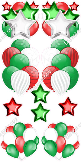 10 pc - Flat Green & Red, & White with Accents Balloon Set