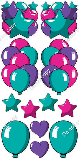 12 pc Purple, Teal, Hot Pink Cartoon Flair Set