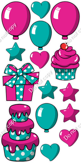 15 pc Hot Pink & Teal Cartoon Flair Set