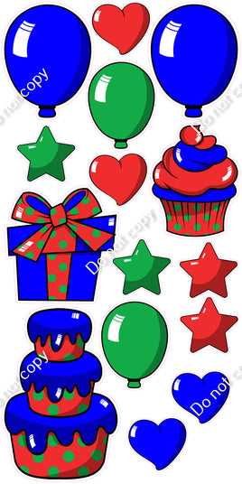 15 pc Green, Blue & Red Cartoon Flair Set