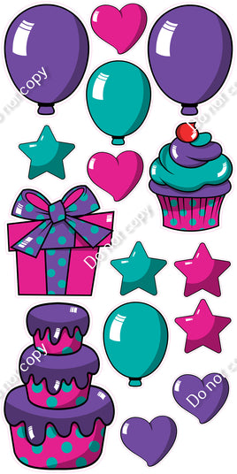 15 pc Purple, Teal, Hot Pink Cartoon Flair Set