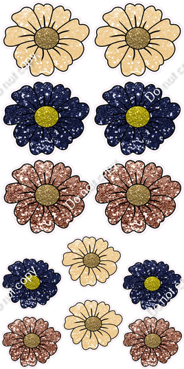 12 pc Rose Gold, Champagne, Navy Blue Sparkle Daisy