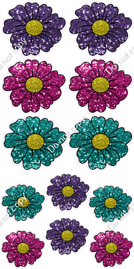 12 pc Hot Pink, Purple, & Teal Sparkle Daisy
