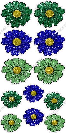 12 pc Blue, Green , & Lime Green Sparkle Daisy