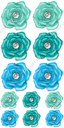 12 pc Caribbean, Teal, & Mint Open Rose