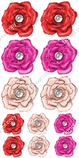 12 pc Red, Hot Pink, & Rose Gold Open Rose