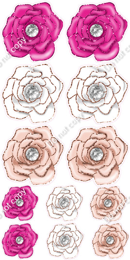 12 pc Rose Gold, White, & Hot Pink Open Rose