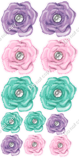 12 pc Baby Pink, Mint, Lavender Open Rose