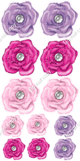 12 pc Hot Pink, Baby Pink, & lavender Open Rose