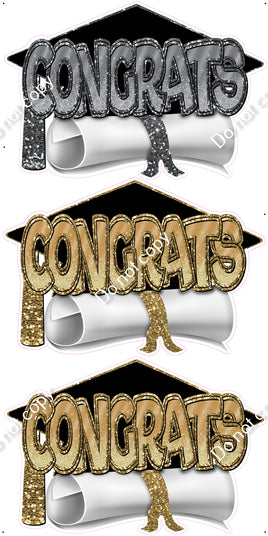 3 pc Gold (2) & Silver (1) Congrats, Hat, & Diploma Theme