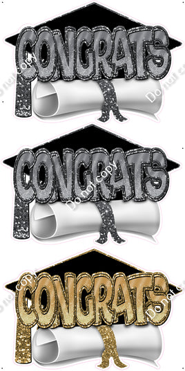 3 pc Gold (1) & Silver (2) Congrats, Hat, & Diploma Theme