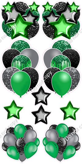 10 pc - Green, Black, Silver / Grey Balloon Set