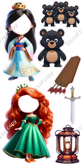 7 pc Mulan and Merida Face Cutout Set