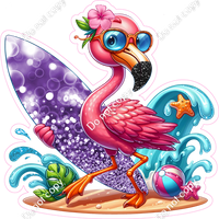 Flamingo Holding a Surfboard