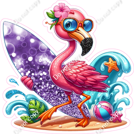 Flamingo Holding a Surfboard