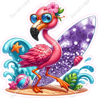 Flamingo Holding a Surfboard