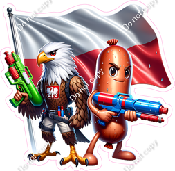 Falcon & Sausage Holding Squirt Guns in Font of Polish Flag