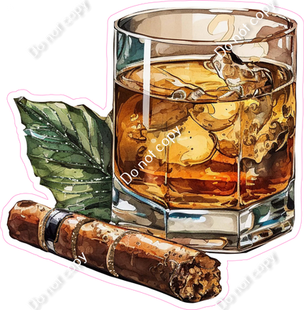 Cigar on glass of whiskey with ice cubes print by Editors Choice