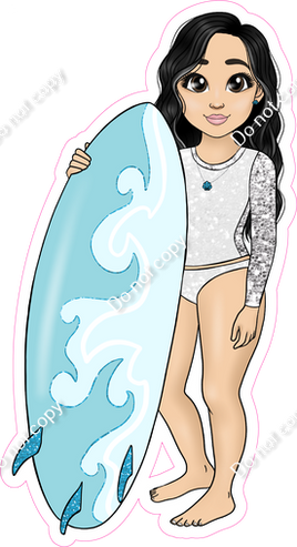 Light Skin Tone - Black Hair Girl with Surfboard - White Clothes w/ Variants
