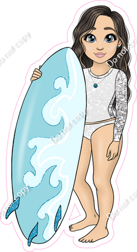 Light Skin Tone - Brown Hair Girl with Surfboard - White Clothes w/ Variants