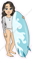 Light Skin Tone - Brown Hair Girl with Surfboard - White Clothes w/ Variants