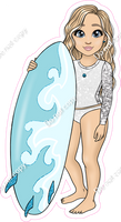 Light Skin Tone - Blonde Hair Girl with Surfboard - White Clothes w/ Variants